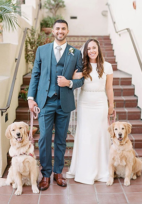 A bride and groom with their dogs. 