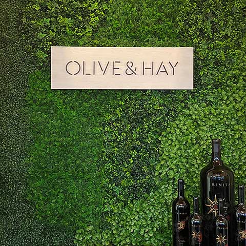 Olive & Hay sign with bottles of wine